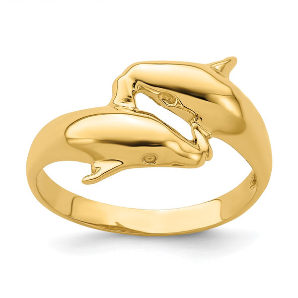 14K Gold Polished Double Dolphin Ring