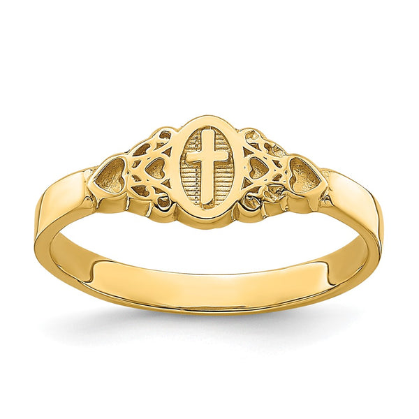 14K Gold Oval Scroll & Heart Ring with Cross