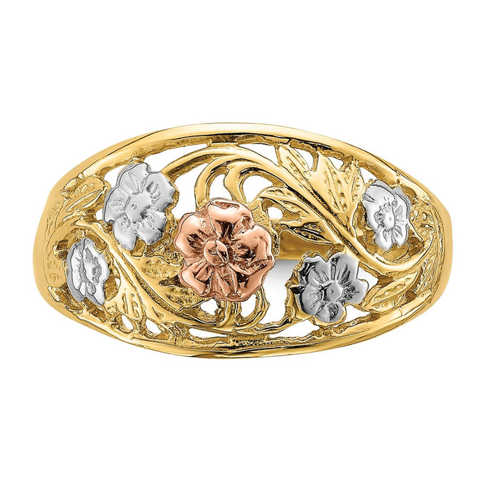 Exclusive 14K Tri-Color Floral Dome Ring | Stylish White Rhodium Finish-4