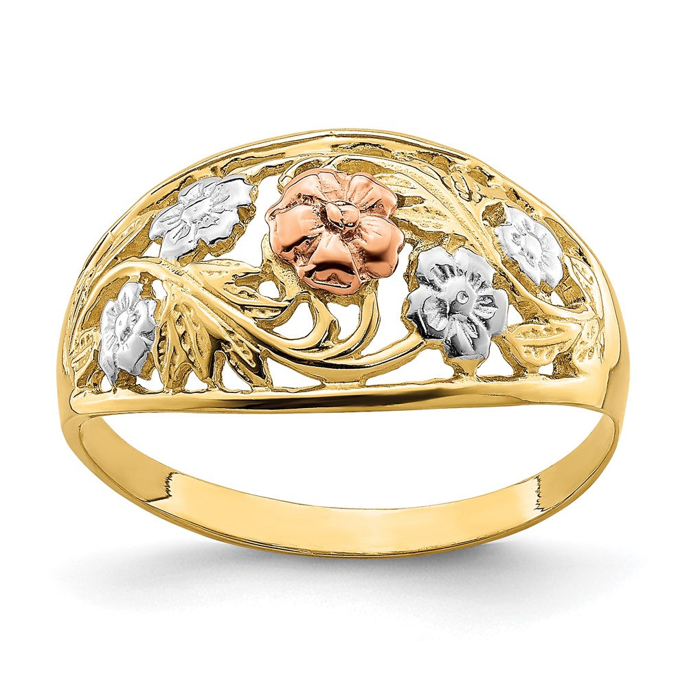 Exclusive 14K Tri-Color Floral Dome Ring | Stylish White Rhodium Finish