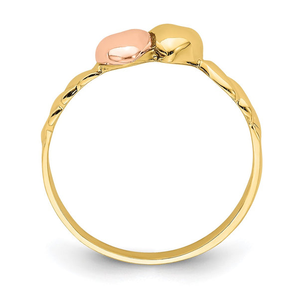 14K Two-Tone Ridged Band with Interlocking Hearts