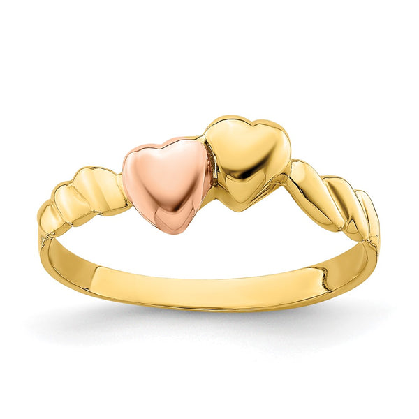 14K Two-Tone Ridged Band with Interlocking Hearts