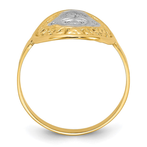 14K White Gold Oval Shield Ring with Heart Accents