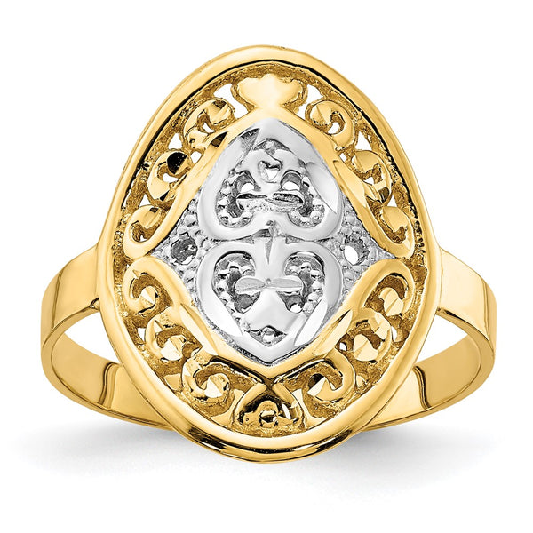 14K White Gold Oval Shield Ring with Heart Accents