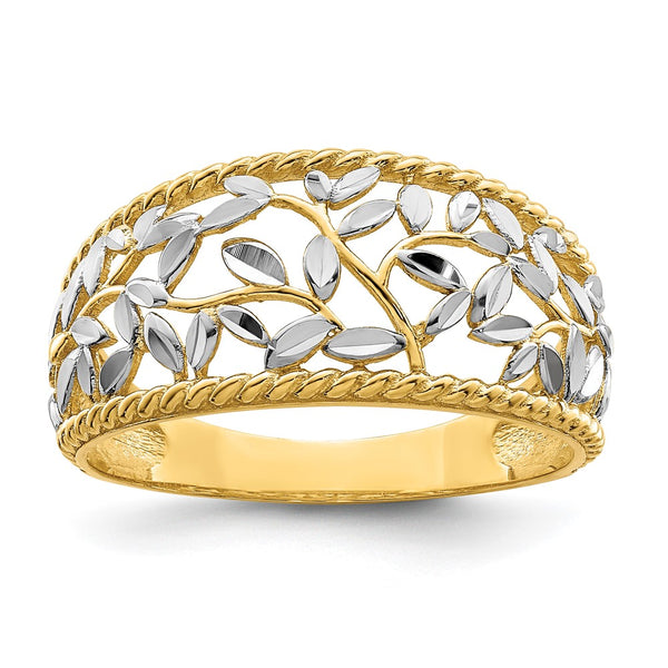 14K White Gold Diamond-Cut Filigree Leaf Ring