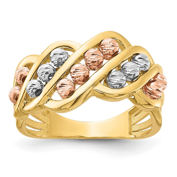14K Tri-Color Polished Beaded Fashion Ring