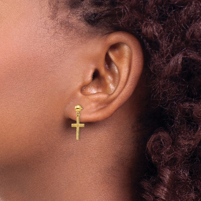 Buy Stylish 14K Gold Polished & Satin Finish Cross Dangle Earrings-3