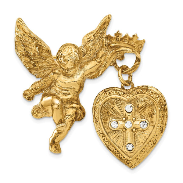 Gold-tone Angel Brooch with 20mm Heart & Crystal Cross Locket - Faith Symbol