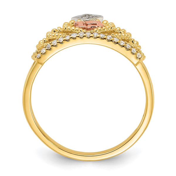 10K Tri-Color Diamond Beaded Crown Ring - Quinceaera