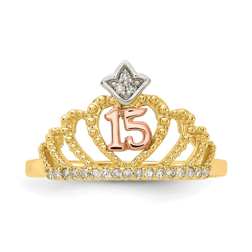 Buy Stylish 10K Tri-Color Diamond Beaded Crown Ring - Perfect for Quinceaera!