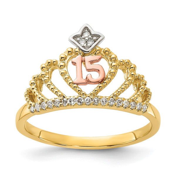 10K Tri-Color Diamond Beaded Crown Ring - Quinceaera