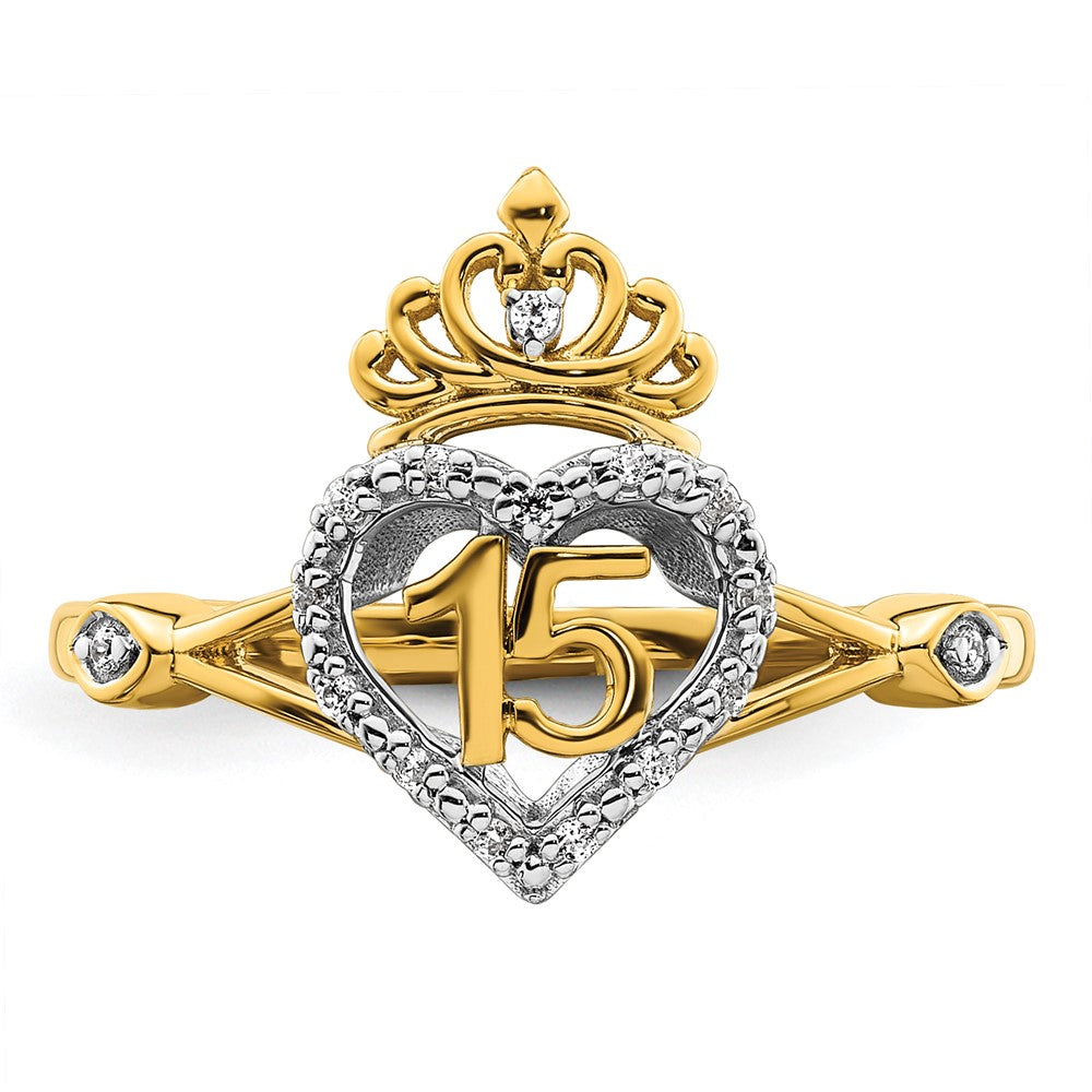 Exclusive 14K Two-Tone Diamond Quinceaera Ring - Stylish Heart & Crown Design