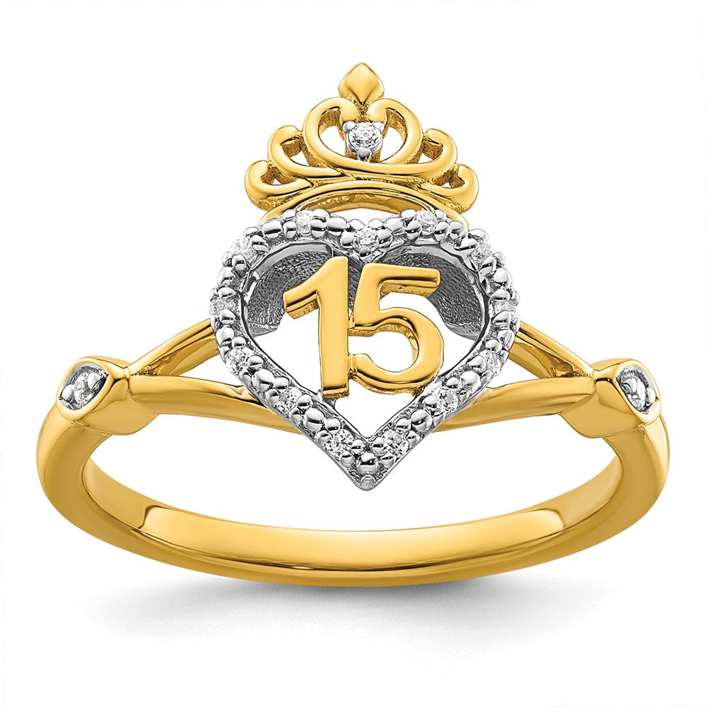 Exclusive 14K Two-Tone Diamond Quinceaera Ring - Stylish Heart & Crown Design