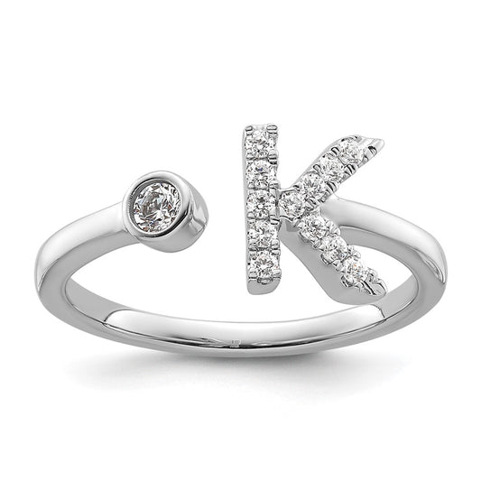 High-Quality 14K White Gold Adjustable Initial K Ring with 1/5 Carat Diamond