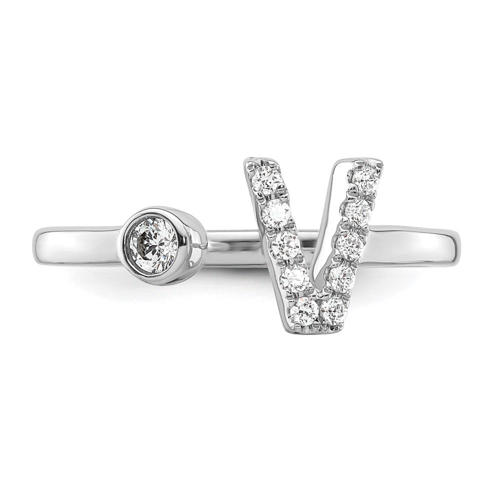 Shop Stylish 14K White Gold Adjustable Initial V Ring with 1/6 Carat Diamond