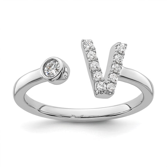Shop Stylish 14K White Gold Adjustable Initial V Ring with 1/6 Carat Diamond