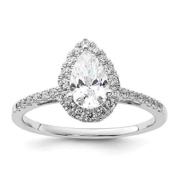 14K White Gold Halo Engagement Ring, 1 Carat Pear Center