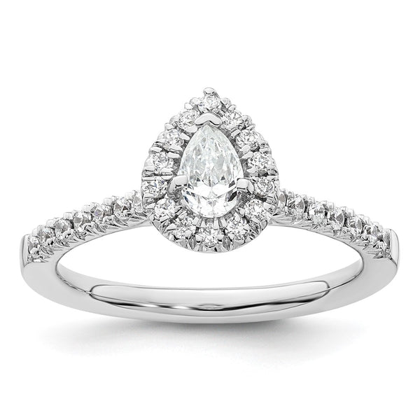 14K White Gold Halo Engagement Ring, 1/3 Carat Pear Center Accents