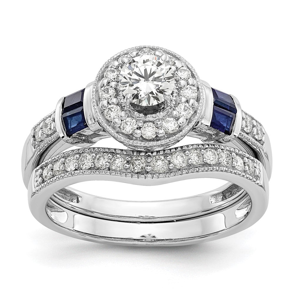 Buy 14K White Gold Halo Engagement Ring, 1/5 Carat Diamonds & Sapphires, Stylish Design for 3/8 Carat Center Stone