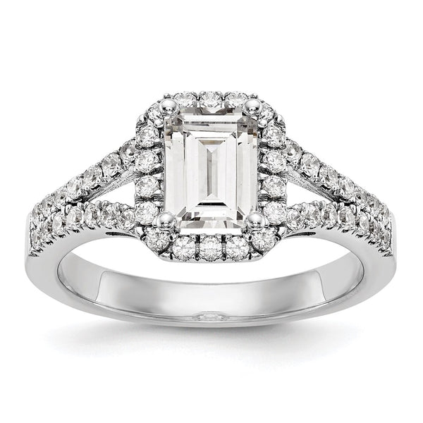Exclusive 14K White Gold Semi-Mount Engagement Ring for 1 Carat Emerald-Cut, Stylish Halo Design with 1/2 Carat Diamond Accents