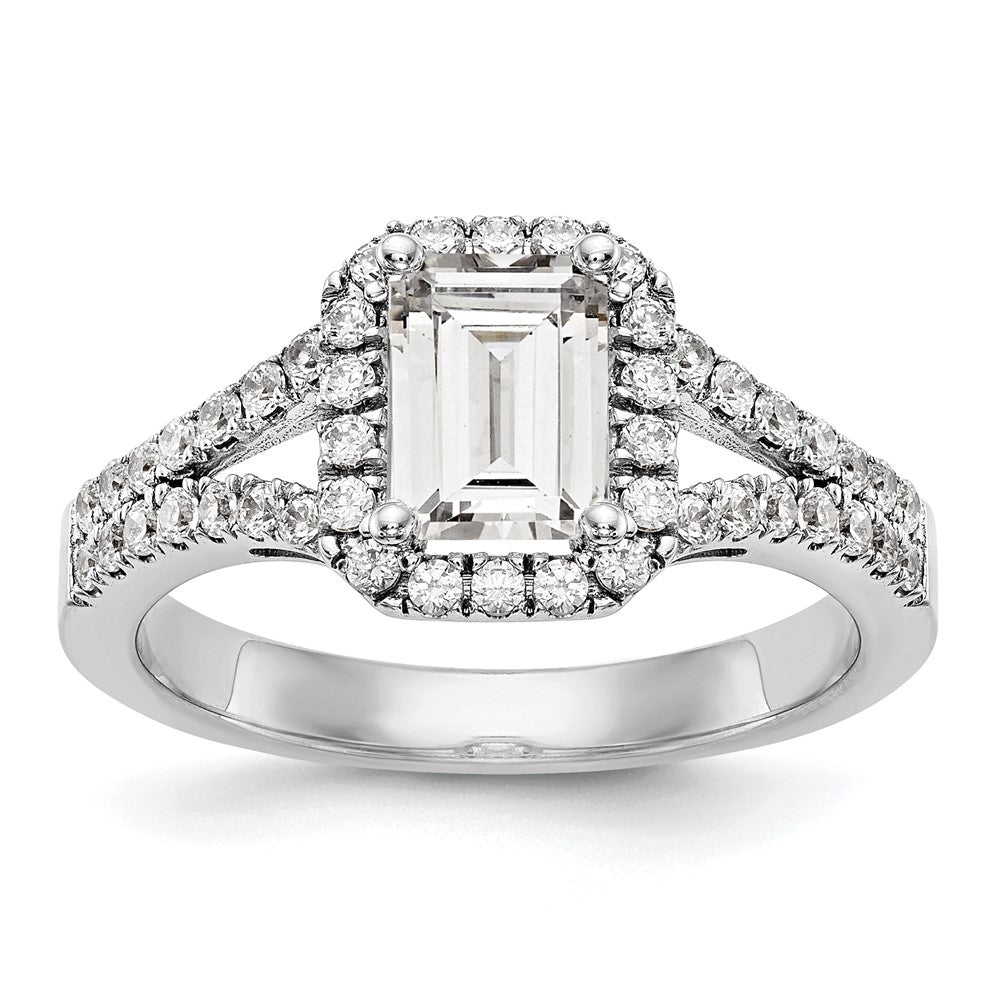 Exclusive 14K White Gold Semi-Mount Engagement Ring for 1 Carat Emerald-Cut, Stylish Halo Design with 1/2 Carat Diamond Accents