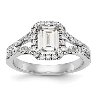 Exclusive 14K White Gold Semi-Mount Engagement Ring for 1 Carat Emerald-Cut, Stylish Halo Design with 1/2 Carat Diamond Accents