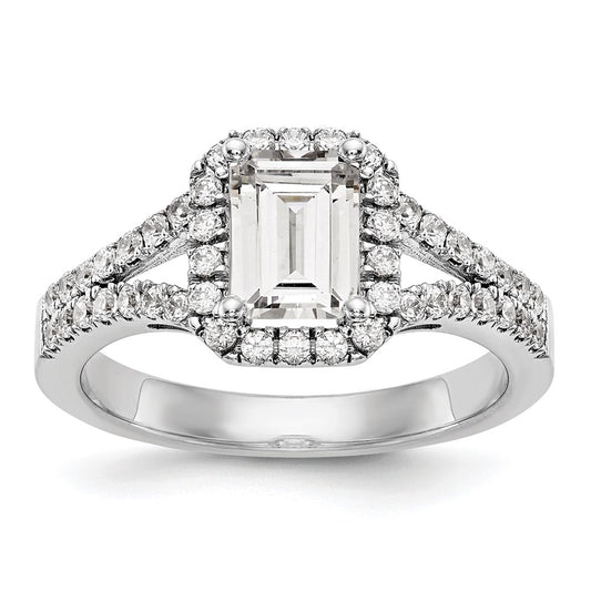 Exclusive 14K White Gold Semi-Mount Engagement Ring for 1 Carat Emerald-Cut, Stylish Halo Design with 1/2 Carat Diamond Accents