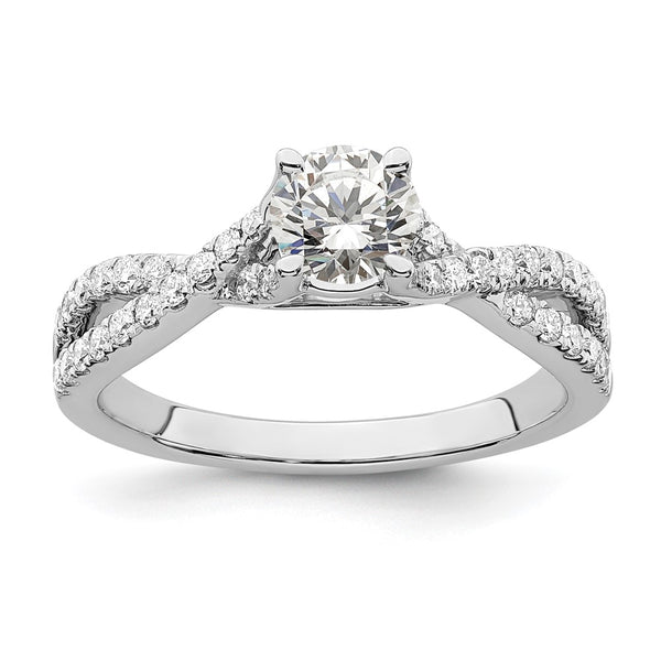 14K White Gold Criss-Cross Engagement Ring, 1/2 Carat Center 1/3 Carat Accents