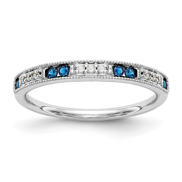 14K White Gold Wedding Band with Diamonds & Sapphires - 1/20 CT