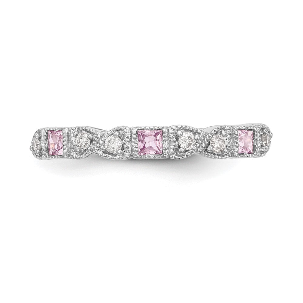 Exclusive 14K White Gold Heart Band - 1/10 Carat Diamond & Pink Sapphires, Stylish!