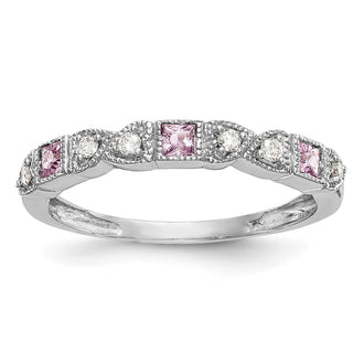 Exclusive 14K White Gold Heart Band - 1/10 Carat Diamond & Pink Sapphires, Stylish!