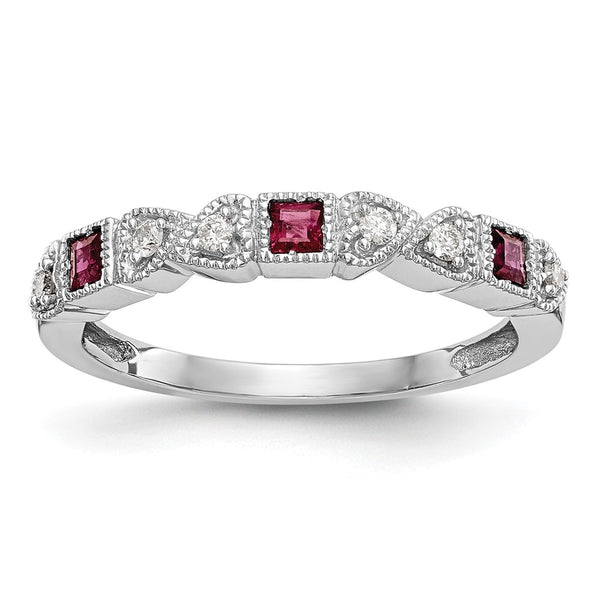 14K White Gold Heart-Shaped Band with 1/10 Carat Diamond & Ruby