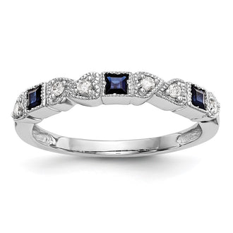 Buy Stylish 14K White Gold Heart-Shaped Band with 1/10 Carat Diamond & Blue Sapphire