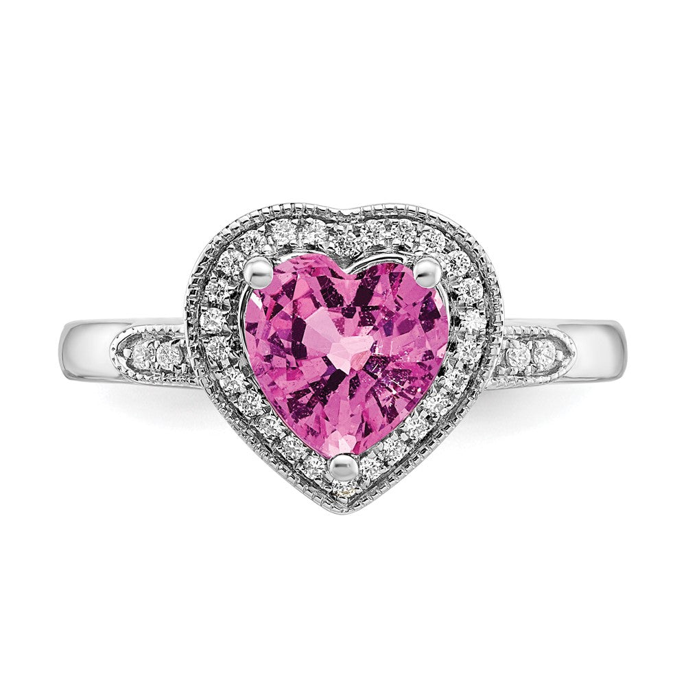 High-Quality 14K White Gold Heart Ring with Pink Sapphire & Diamond Halo