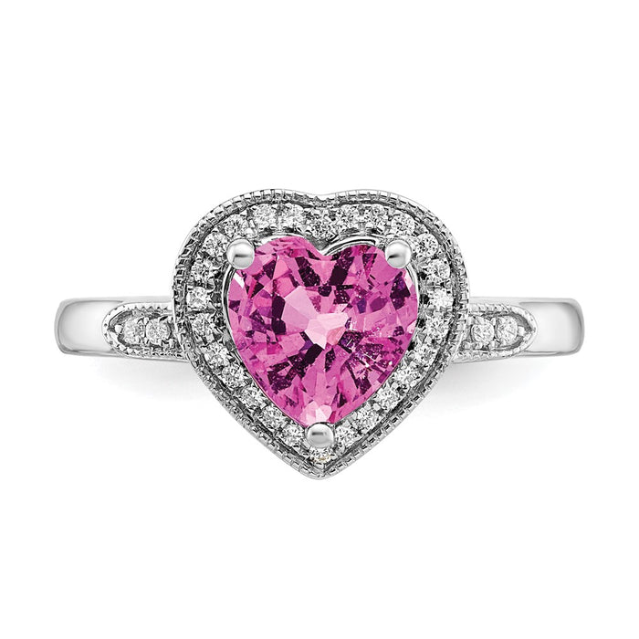 High-Quality 14K White Gold Heart Ring with Pink Sapphire & Diamond Halo-4