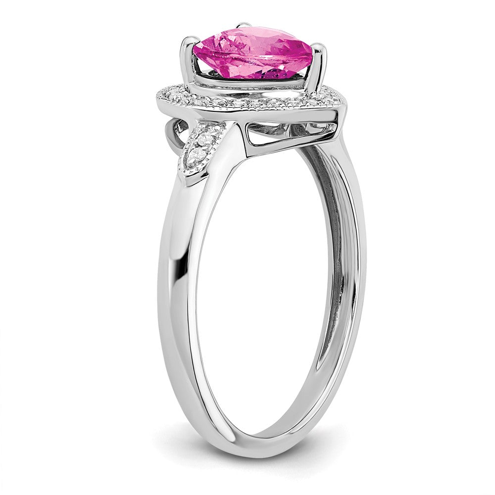 High-Quality 14K White Gold Heart Ring with Pink Sapphire & Diamond Halo