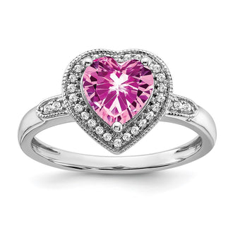 High-Quality 14K White Gold Heart Ring with Pink Sapphire & Diamond Halo