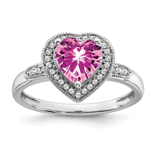 High-Quality 14K White Gold Heart Ring with Pink Sapphire & Diamond Halo
