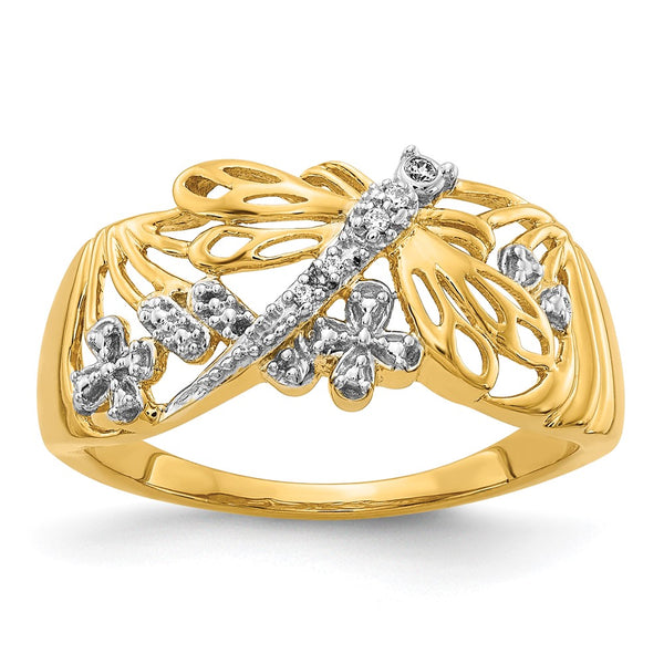 14K White Gold Rhodium-Plated Diamond Dragonfly Ring