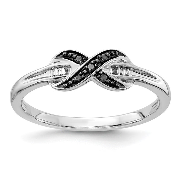 14K White Gold X-Shaped Ring with Black & White Diamonds