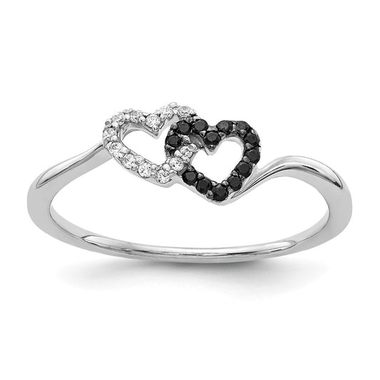 Exclusive 14K White Gold Double Heart Ring with Black & White Diamonds - Stylish Value!