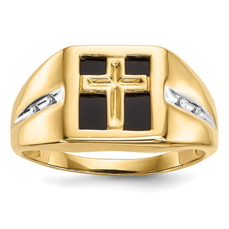 Exclusive Men's 14k Gold Cross Ring - Onyx & Diamonds, Stylish Value