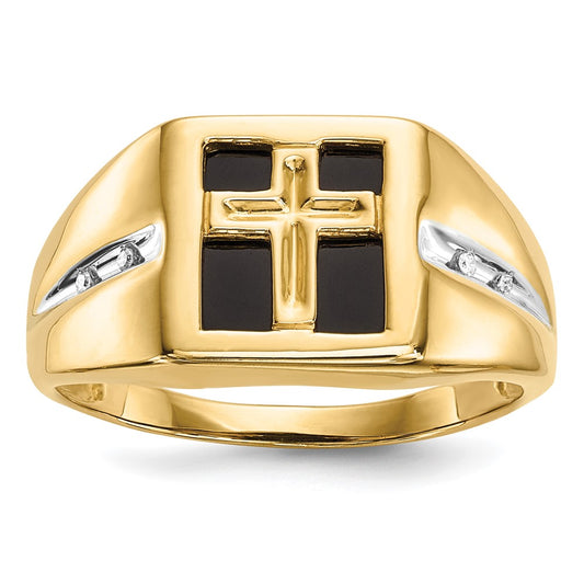 Exclusive Men's 14k Gold Cross Ring - Onyx & Diamonds, Stylish Value