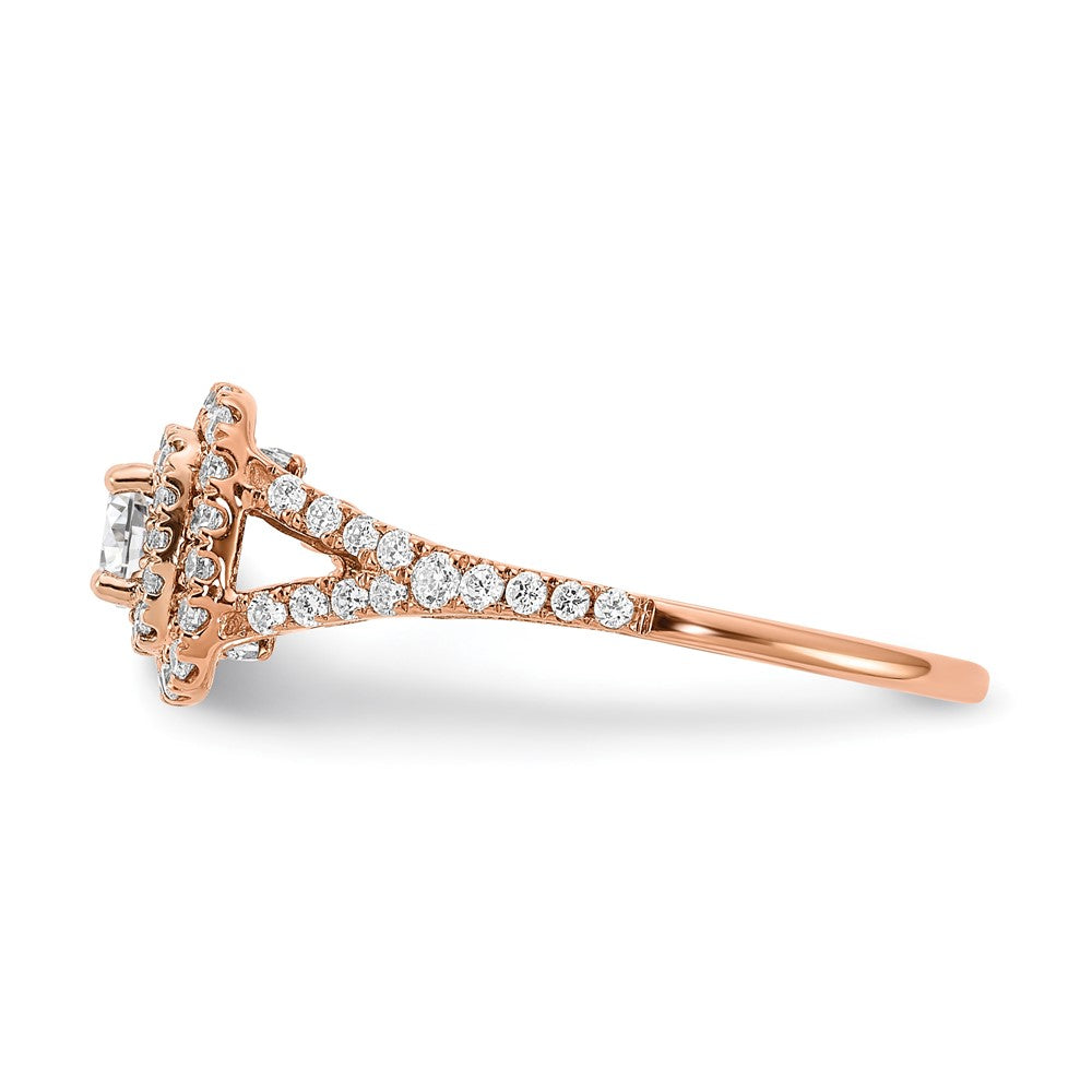High-Quality 14K Rose & White Gold Double Halo Engagement Ring, 1/2 Ct Value
