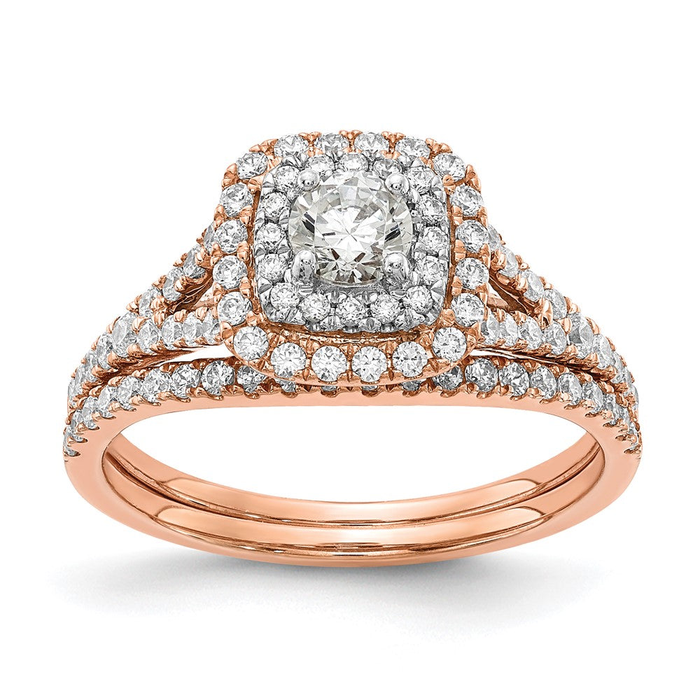 High-Quality 14K Rose & White Gold Double Halo Engagement Ring, 1/2 Ct Value