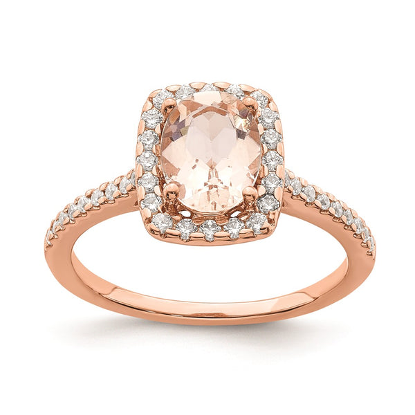 14K Rose Gold Halo Engagement Ring - 8x6mm Morganite, 1/3ct Diamonds