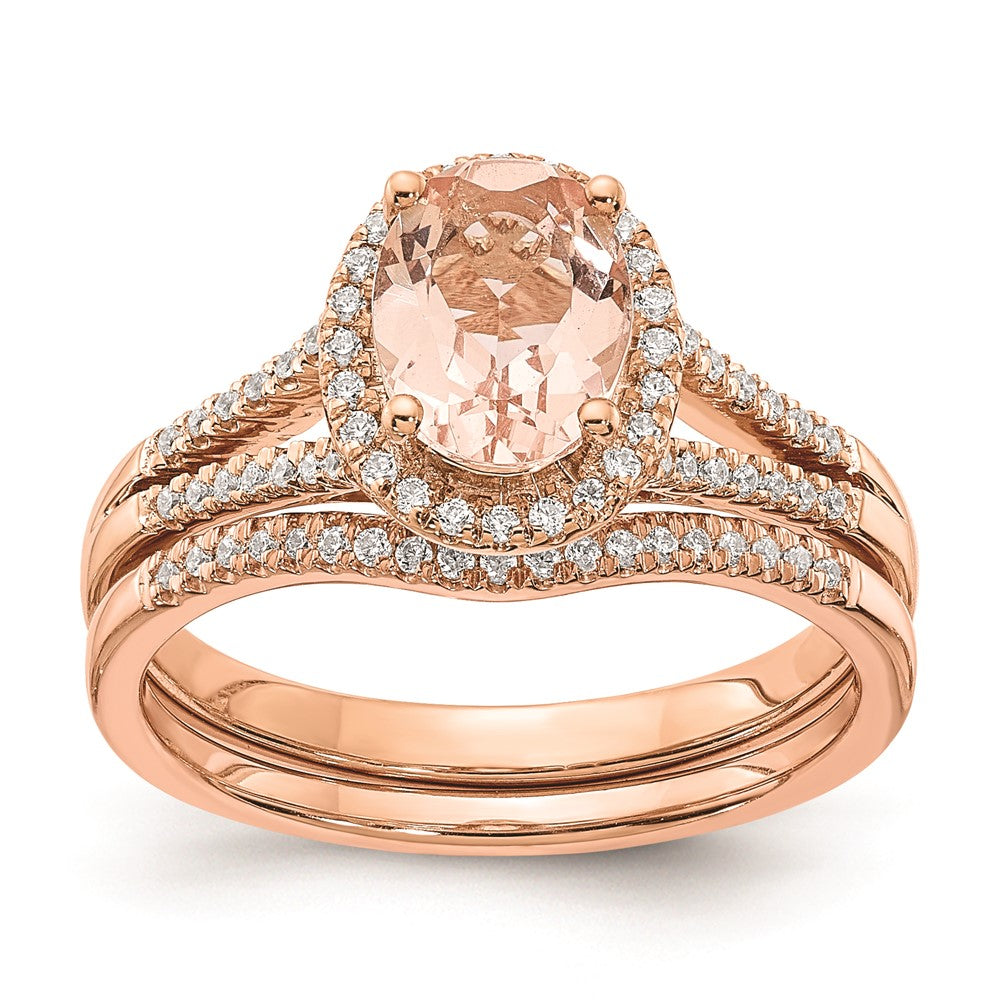 Exclusive 14K Rose Gold Halo Engagement Ring - 8x6mm Morganite & 1/5 Carat Diamonds