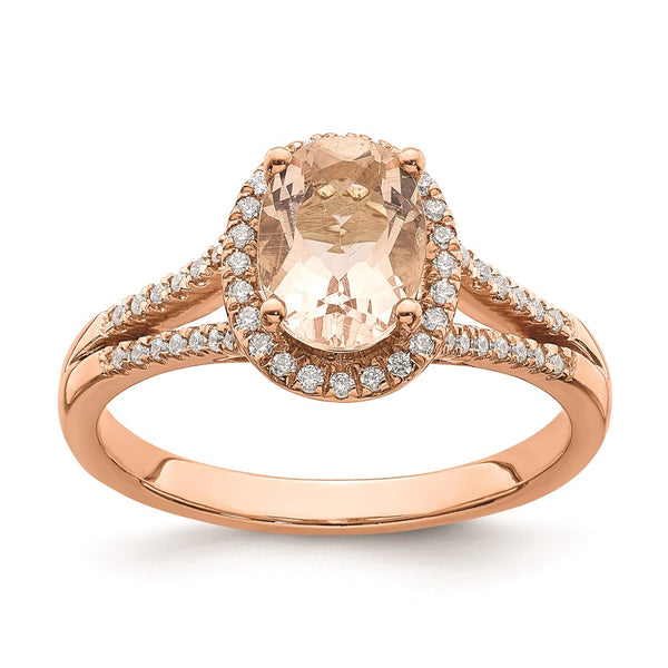 Exclusive 14K Rose Gold Halo Engagement Ring - 8x6mm Morganite & 1/5 Carat Diamonds