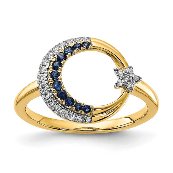 14K Gold Polished Moon & Star Ring with Sapphire & Diamond Accents