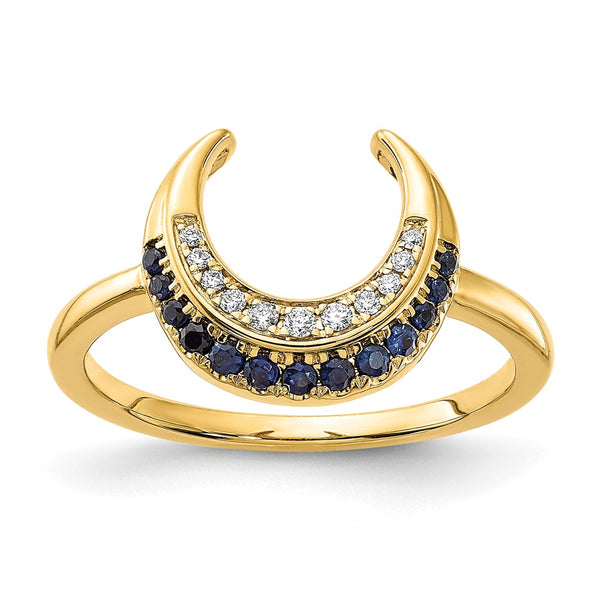 14K Gold Polished Moon Ring with Sapphire & Diamond Accents